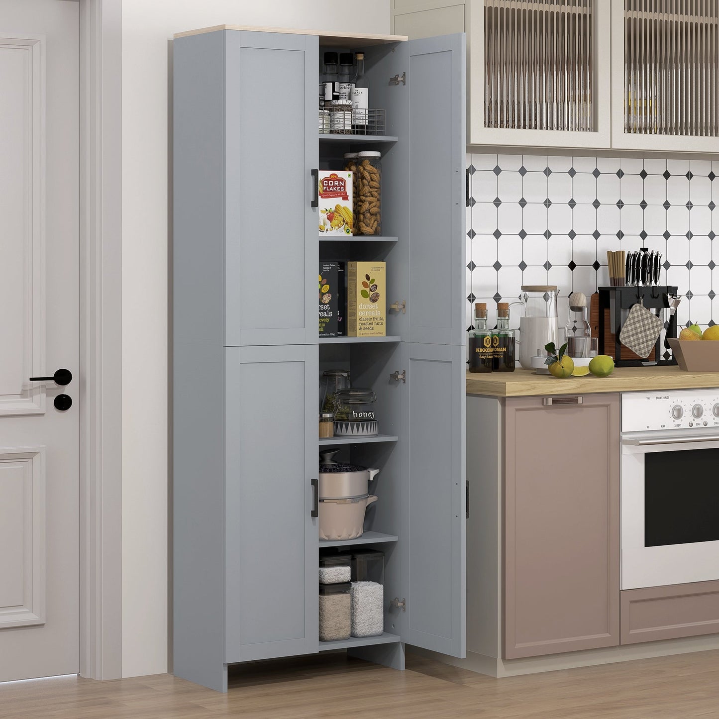 HOMCOM Freestanding Kitchen Cupboard, 4-Door Storage Cabinet with Adjustable Shelves, Modern Kitchen Pantry for Dining Room, 170cm, Grey