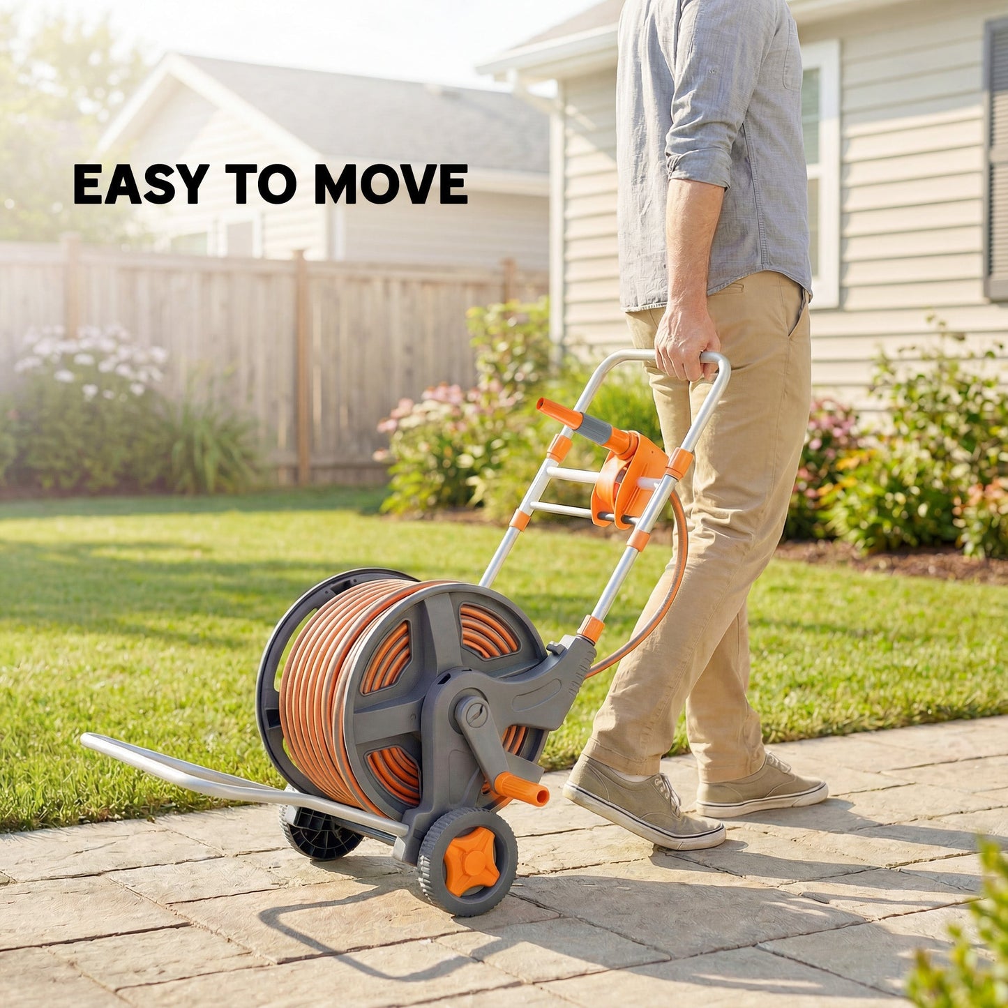 Outsunny Hose Reel Cart with Wheels, 45+2m Garden Hose Reel with 2 Patterns Nozzle, Faucet Adaptors and Rewind Handle, Orange