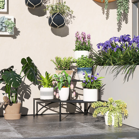 Outsunny Three-Tier Corner Metal Plants Shelves - Black