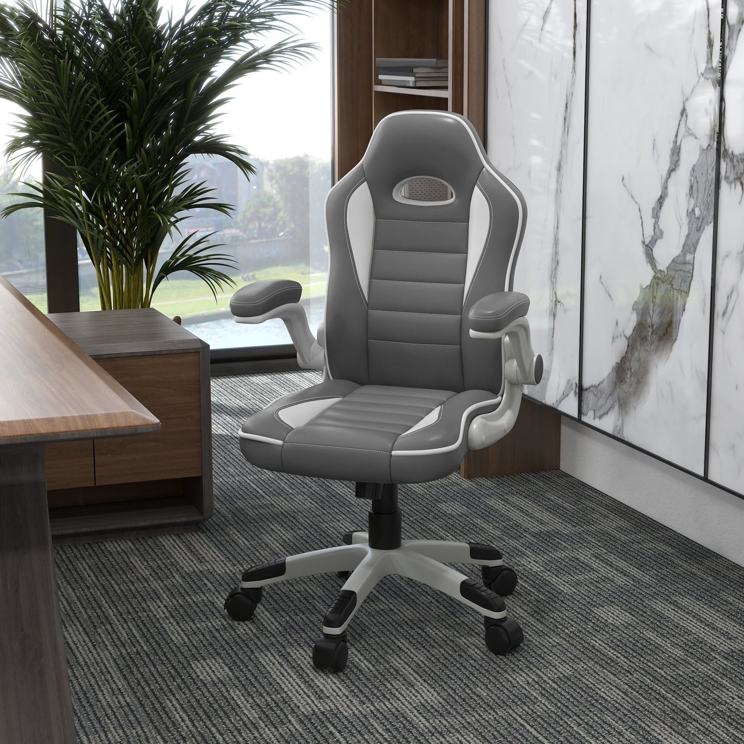 Vinsetto Computer Gaming Chair, Office Desk Swivel Chair, PU Leather Racing Chair with 90  Flip-up Armrest, Adjustable Height and Rolling Wheels, Grey