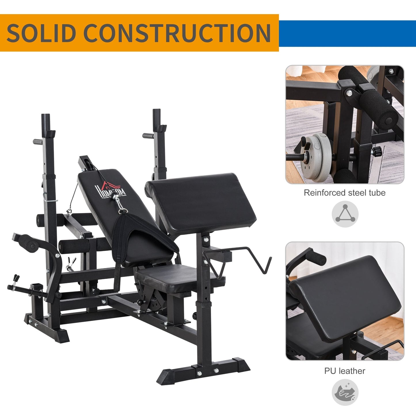 HOMCOM Weight Bench, 6 in 1 Adjustable Bench Press with Leg Extension, Barbell Rack, Preacher Curl Pad, Resistance Band, Multi-Function Home Gym Equipment for Strength Training Weightlifting