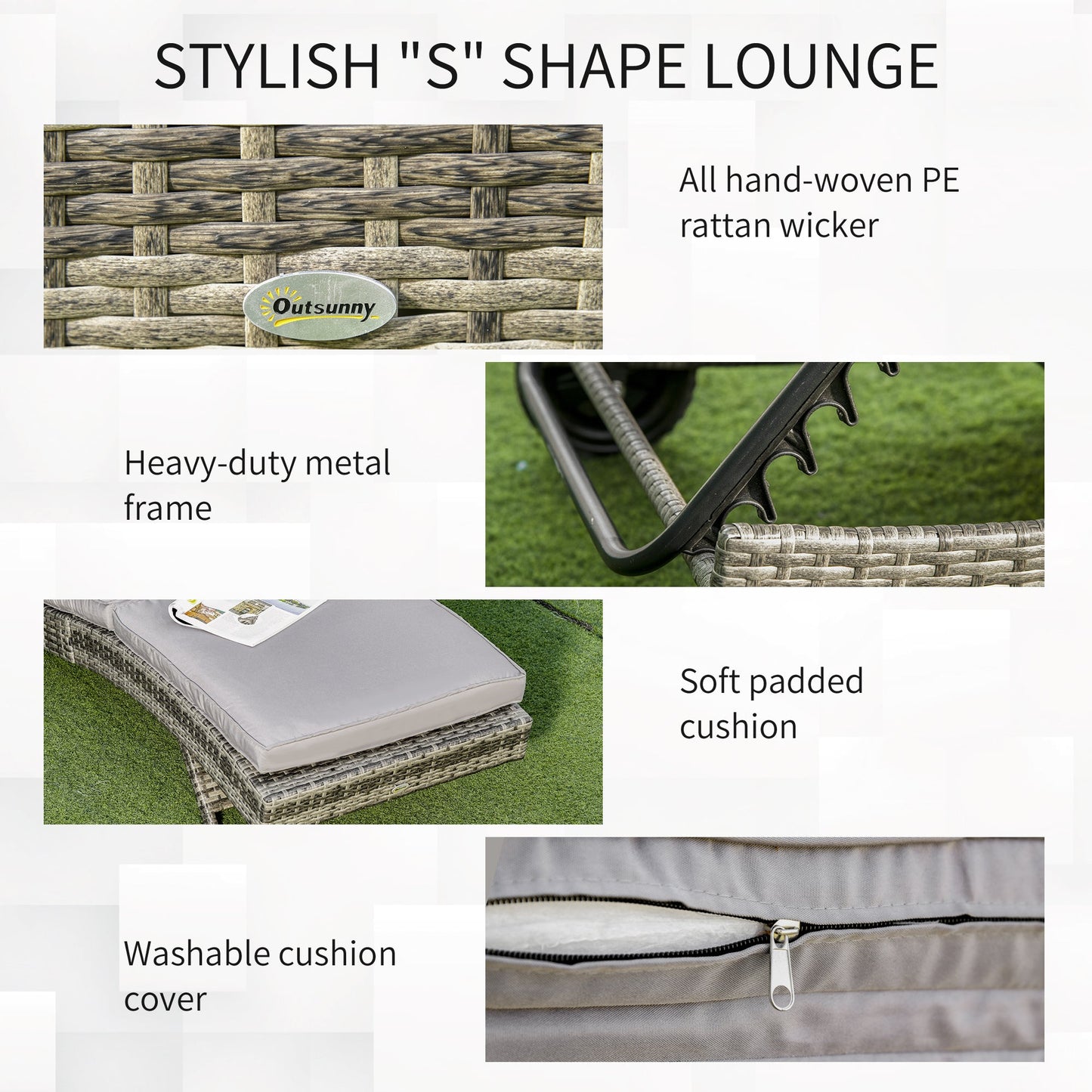 Outsunny Patio Wicker Chaise Lounge Chair, Outdoor PE Rattan Sun Lounger with Adjustable Backrest and 2 Wheels, Grey