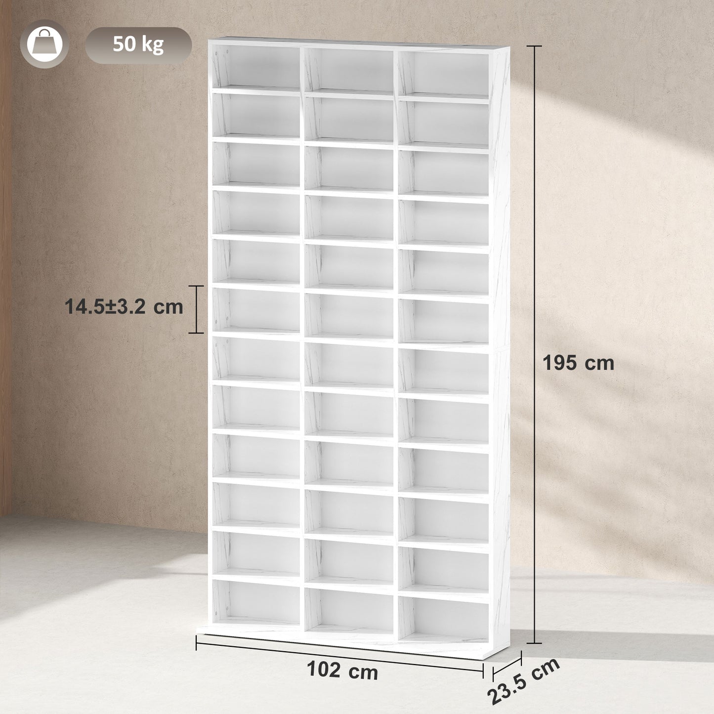 HOMCOM CD Storage Unit with Adjustable Shelves, 102 x 195 cm, Marble Effect