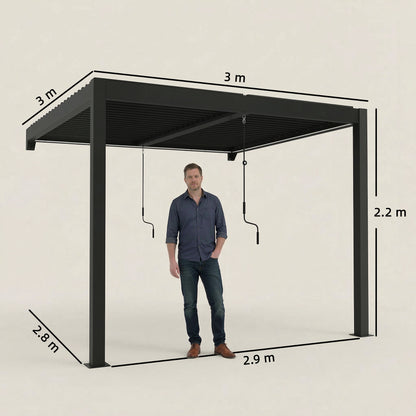 Outsunny 3 x 3 m Louvered Pergola with LED Lights, Metal Louvres, Wall Mounted Aluminium Patio Gazebo Pergola, Dark Grey