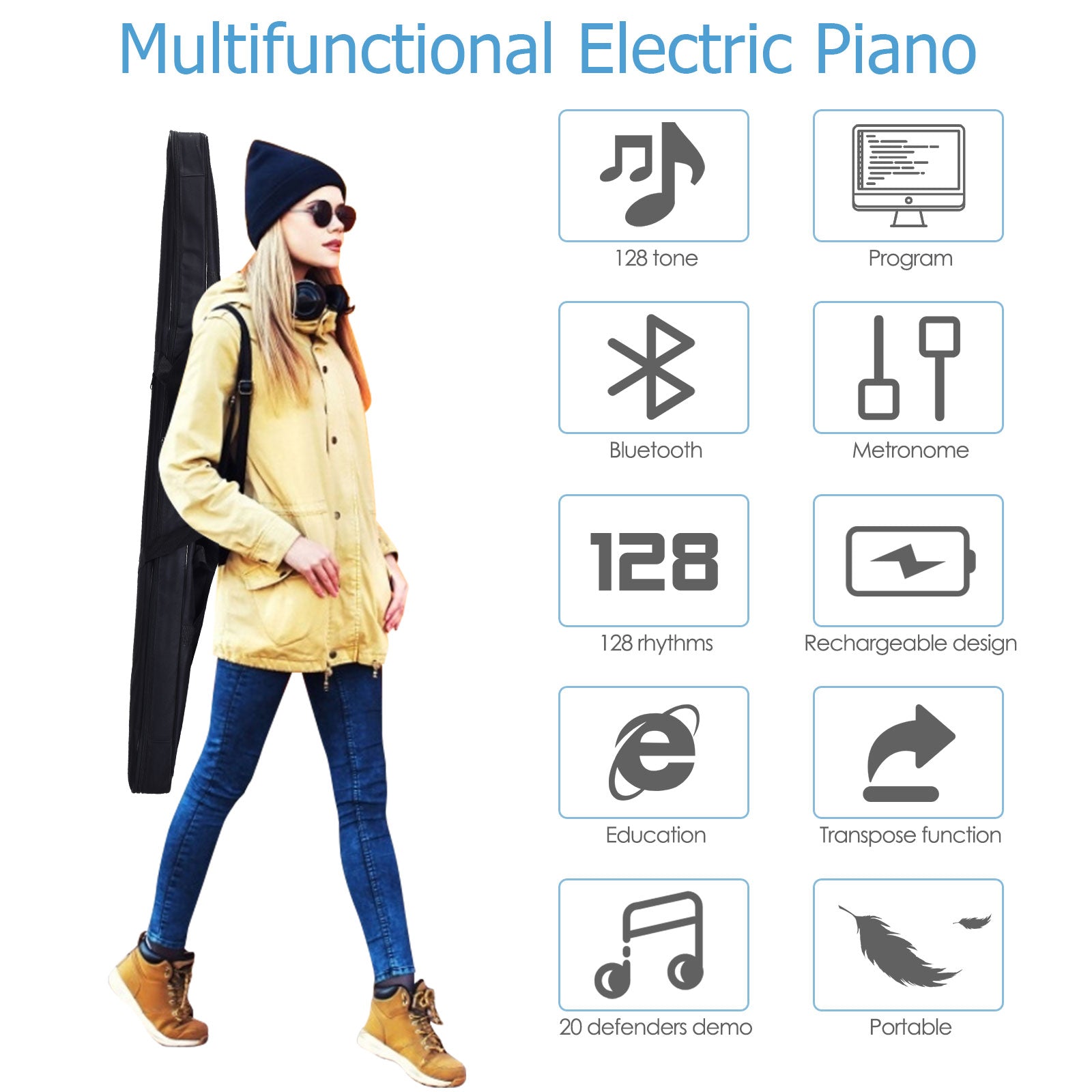 Portable Electronic Keyboard with Full-Size Weighted Keys-White