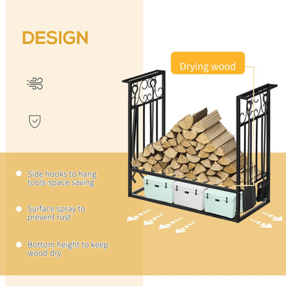 HOMCOM Steel Firewood Log Holder Indoor Outdoor Firewood Rack Fireplace Wood Storage Shelf with 4 Tools, Hooks, Scrolls, Rust-Resistant, Black, 75L x 30W x 60H cm