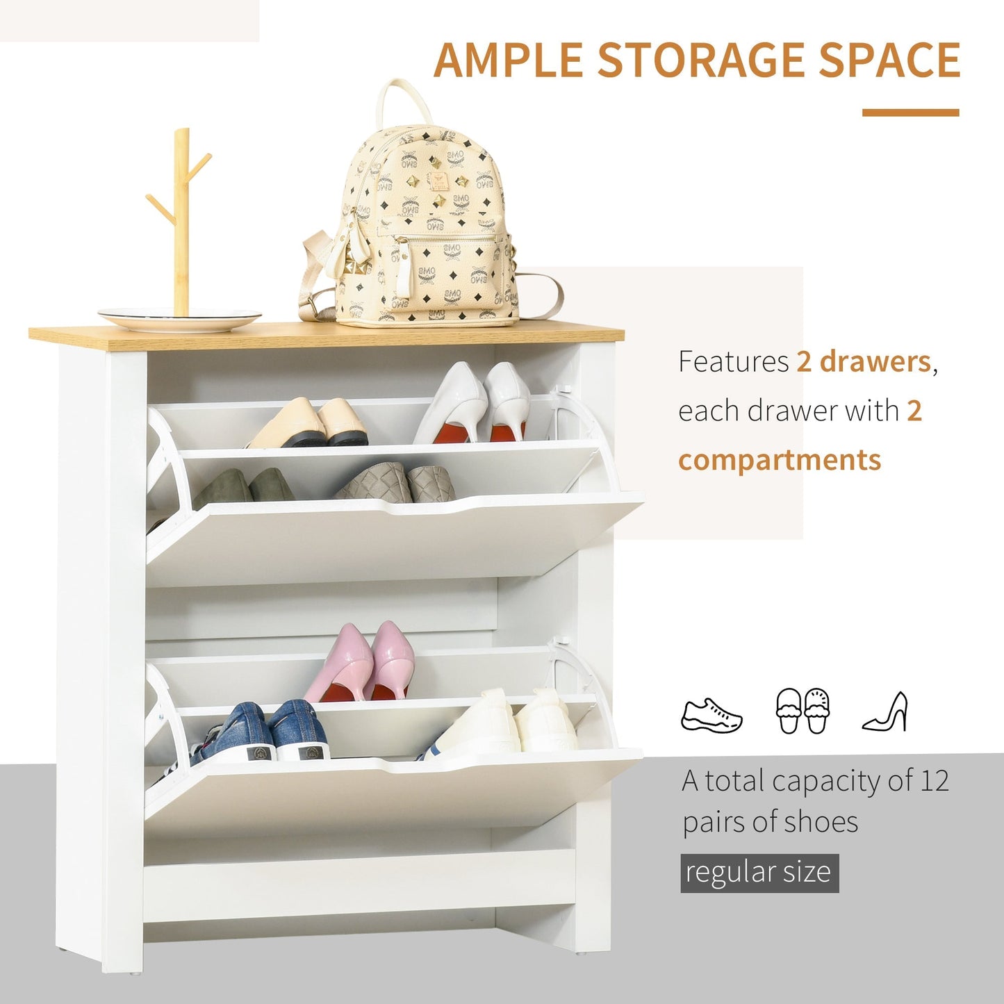 HOMCOM Narrow Shoe Cabinet, Space Saving Shoe Storage Cabinet with 2 Flip Drawers and Adjustable Shelves for 6-12 Pairs of Shoes for Hallways and Living Room, White