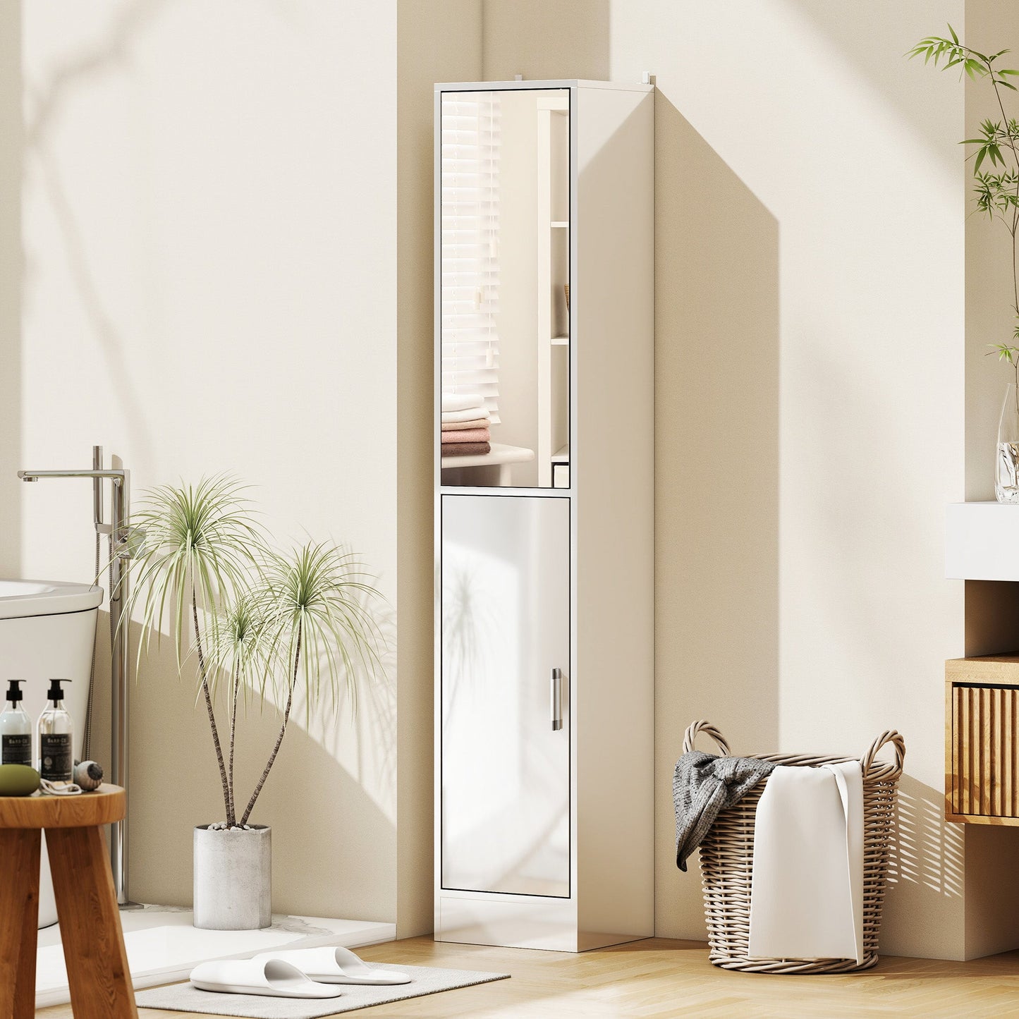 kleankin Tall Bathroom Cabinet with Mirror and Adjustable Shelf - High Gloss White