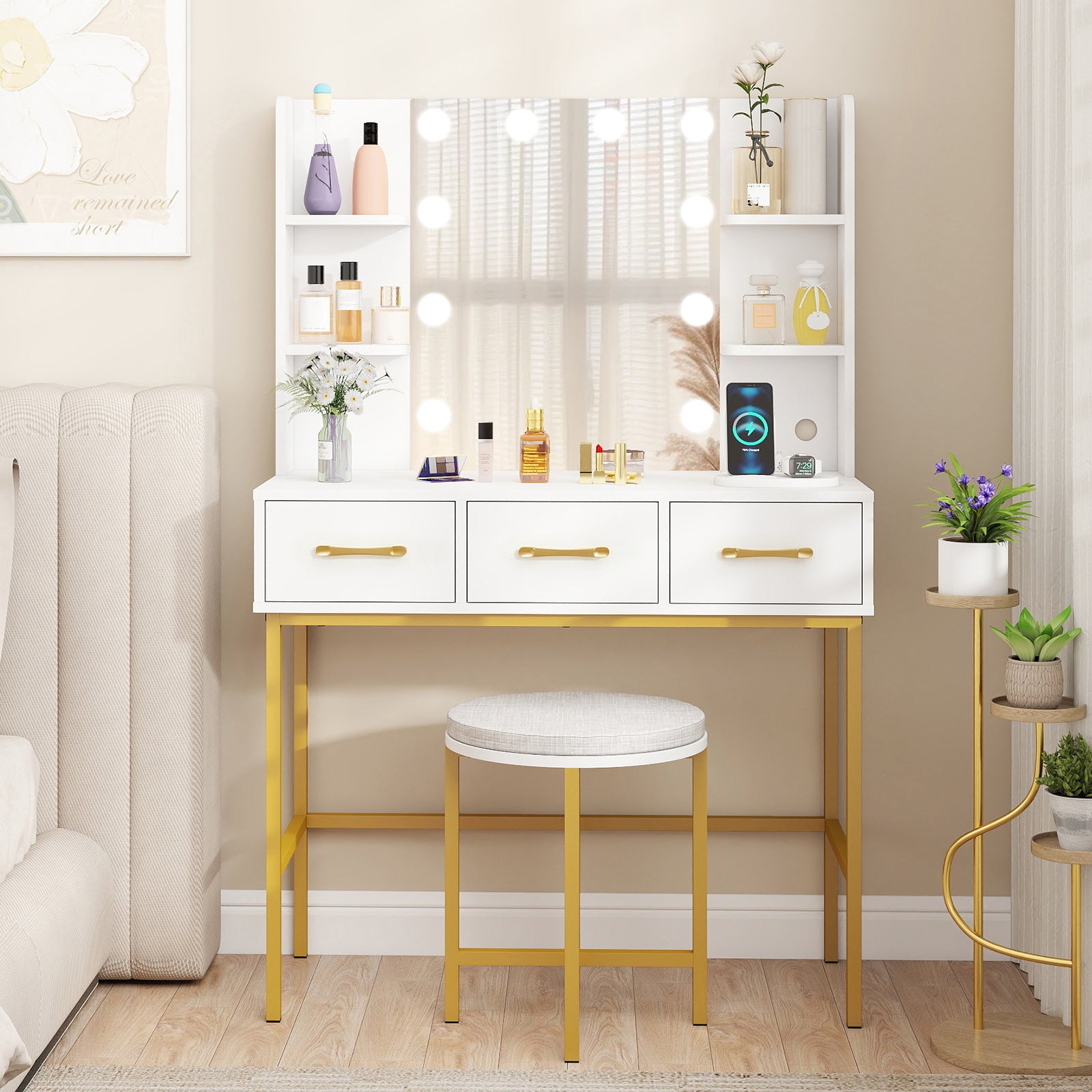 Makeup Dressing Table and Cushioned Stool Set with Power Outlets-White