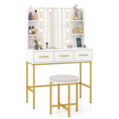 Makeup Dressing Table and Cushioned Stool Set with Power Outlets-White