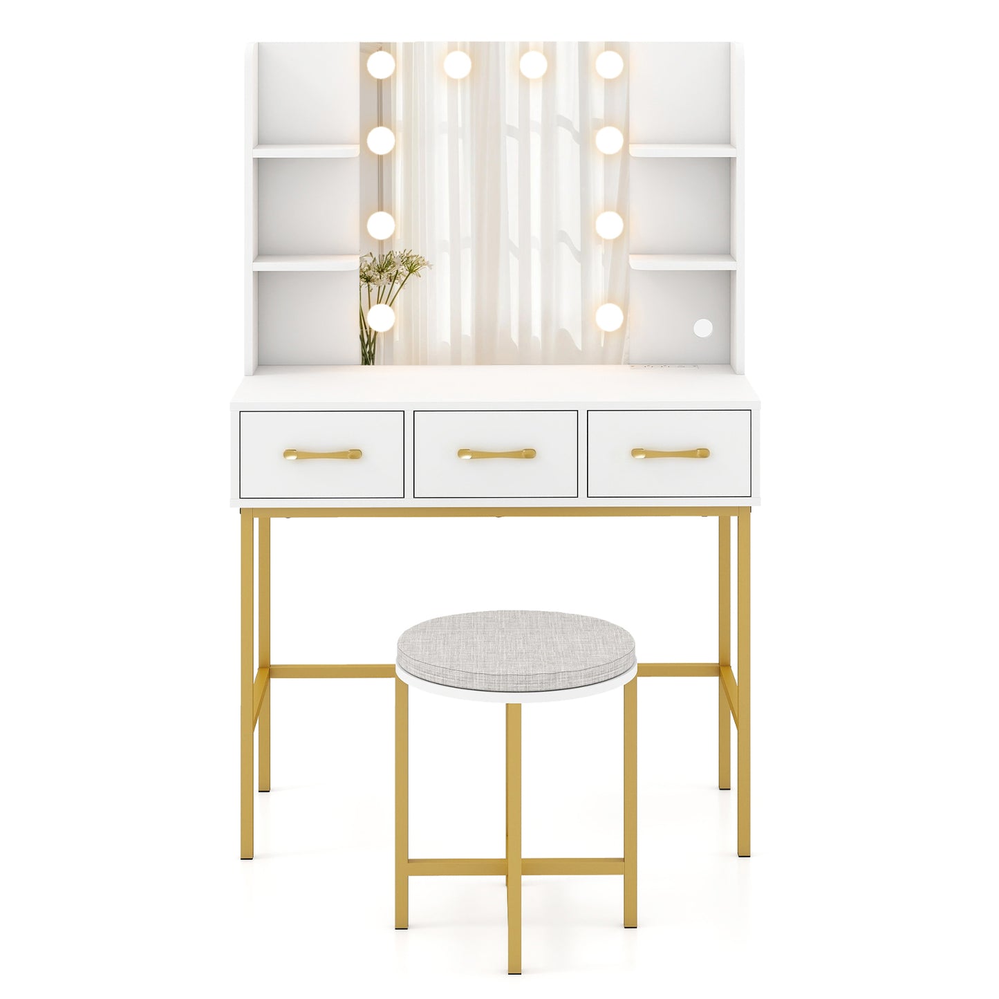 Makeup Dressing Table and Cushioned Stool Set with Power Outlets-White