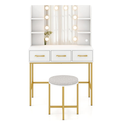 Makeup Dressing Table and Cushioned Stool Set with Power Outlets-White