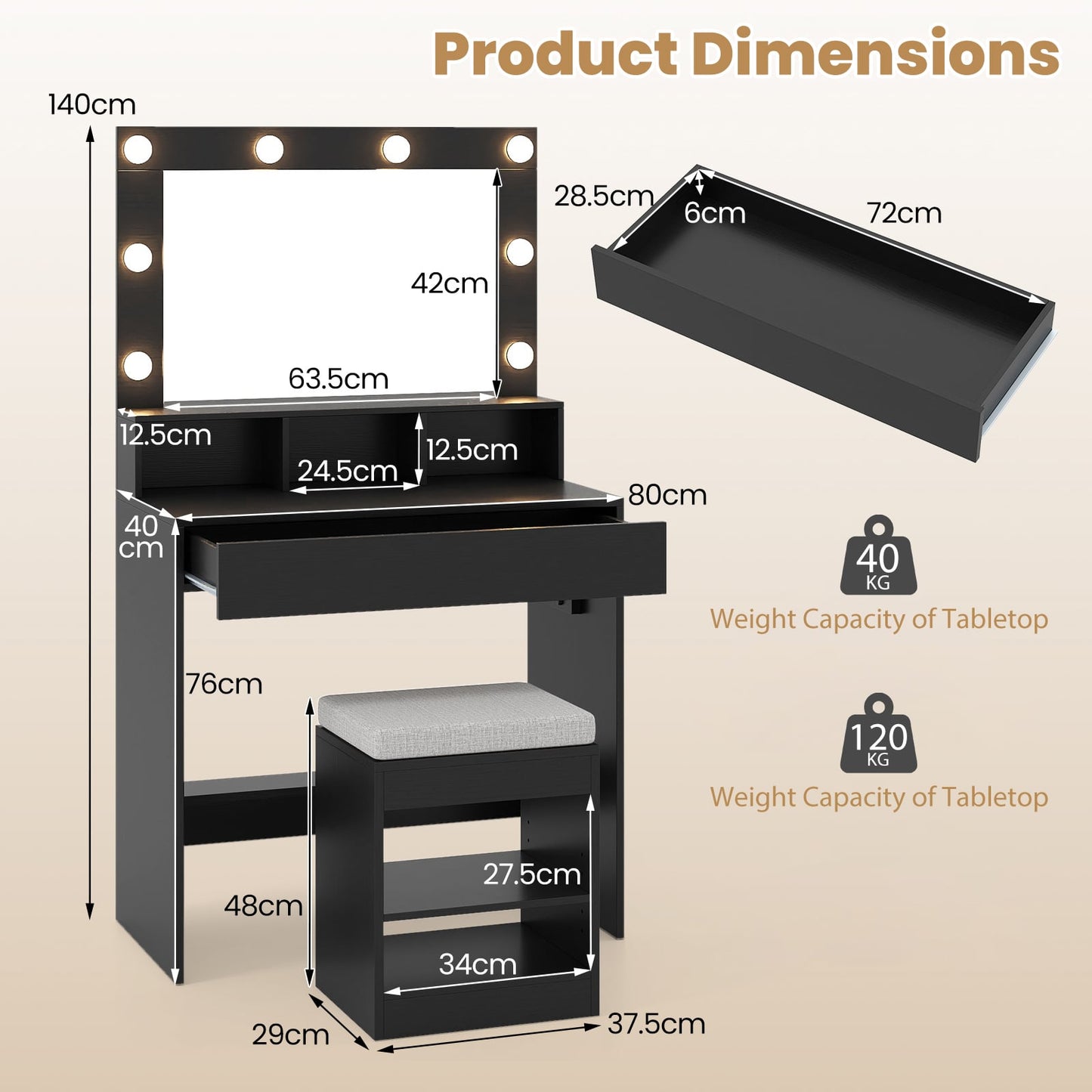 Makeup Vanity Desk Set with Mirror and Lights and Stool 3-Color LED-Black