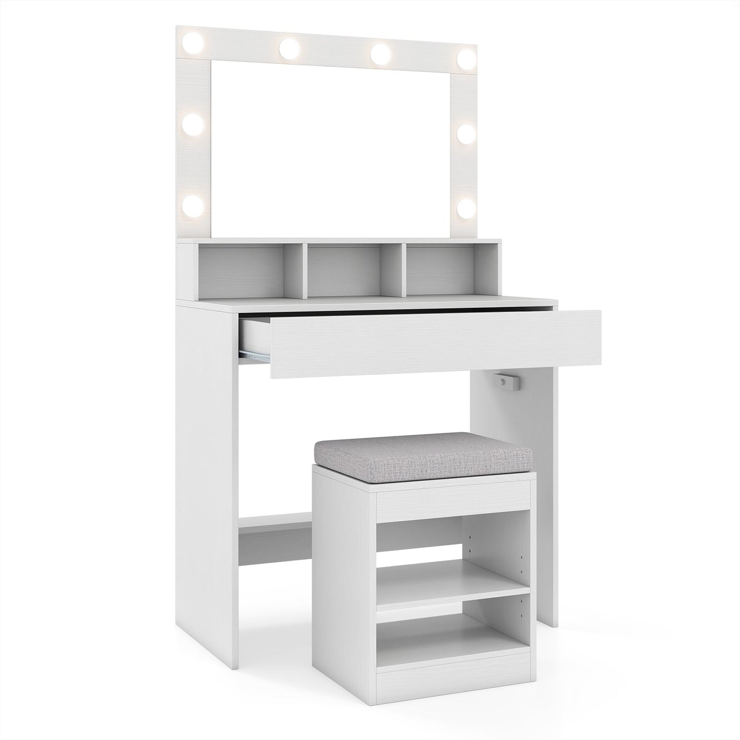 Makeup Vanity Desk Set with Mirror and Lights and Stool 3-Color LED-White