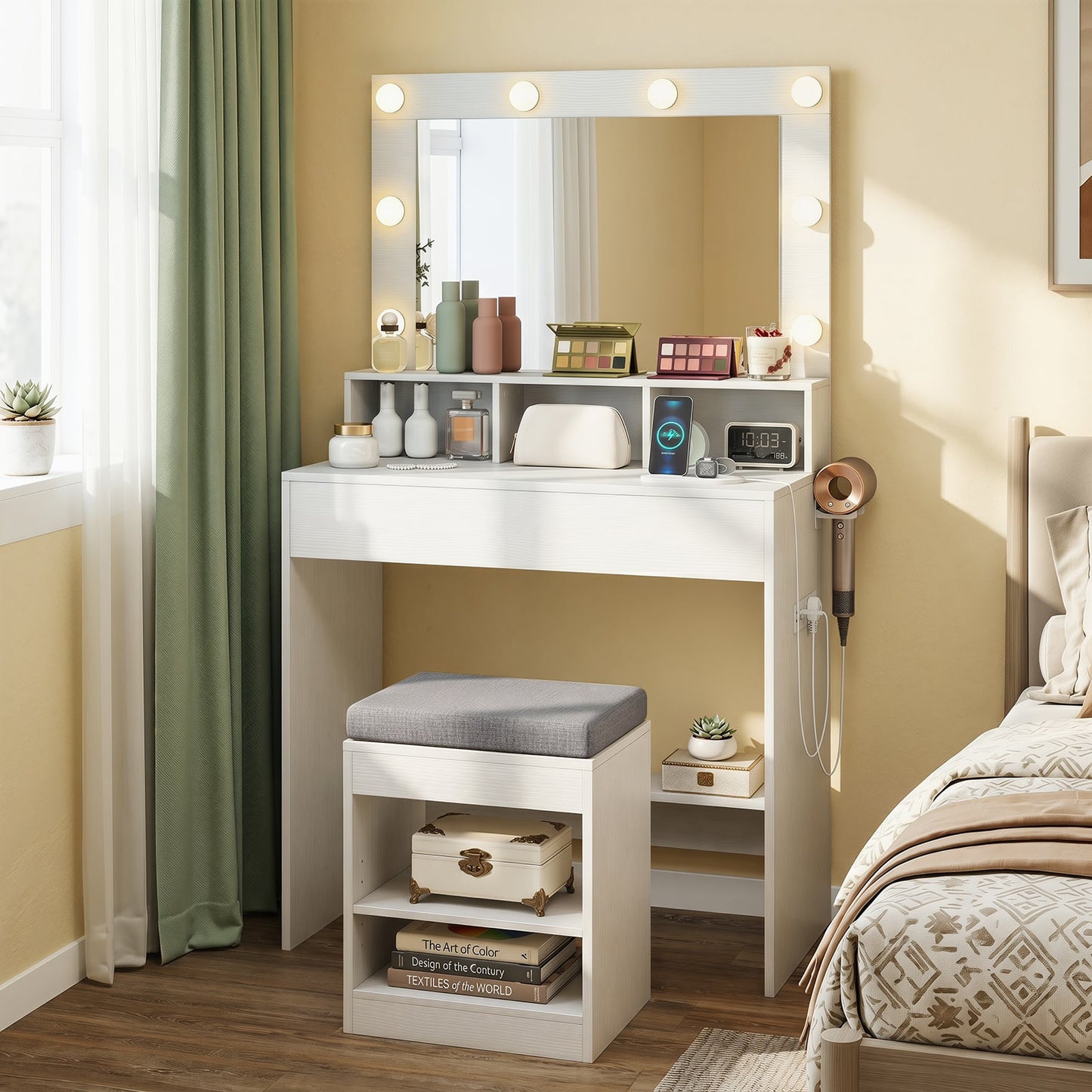 Makeup Vanity Desk Set with Mirror and Lights and Stool 3-Color LED-White
