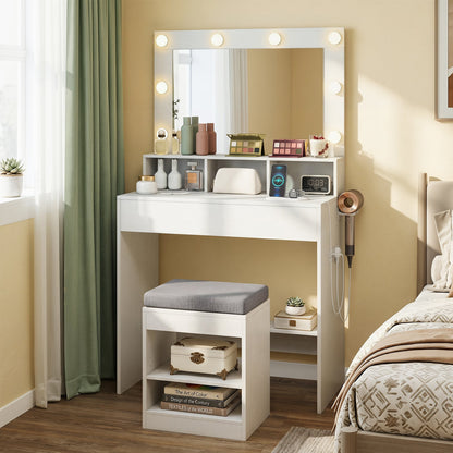 Makeup Vanity Desk Set with Mirror and Lights and Stool 3-Color LED-White