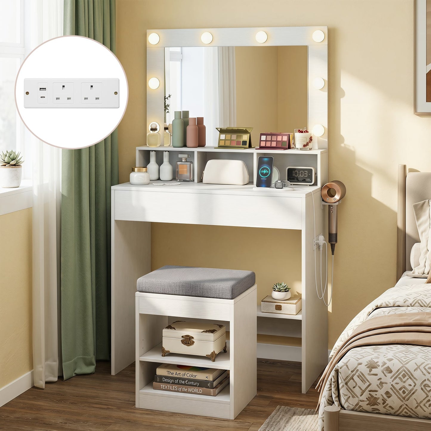 Makeup Vanity Desk Set with Mirror and Lights and Stool 3-Color LED-White