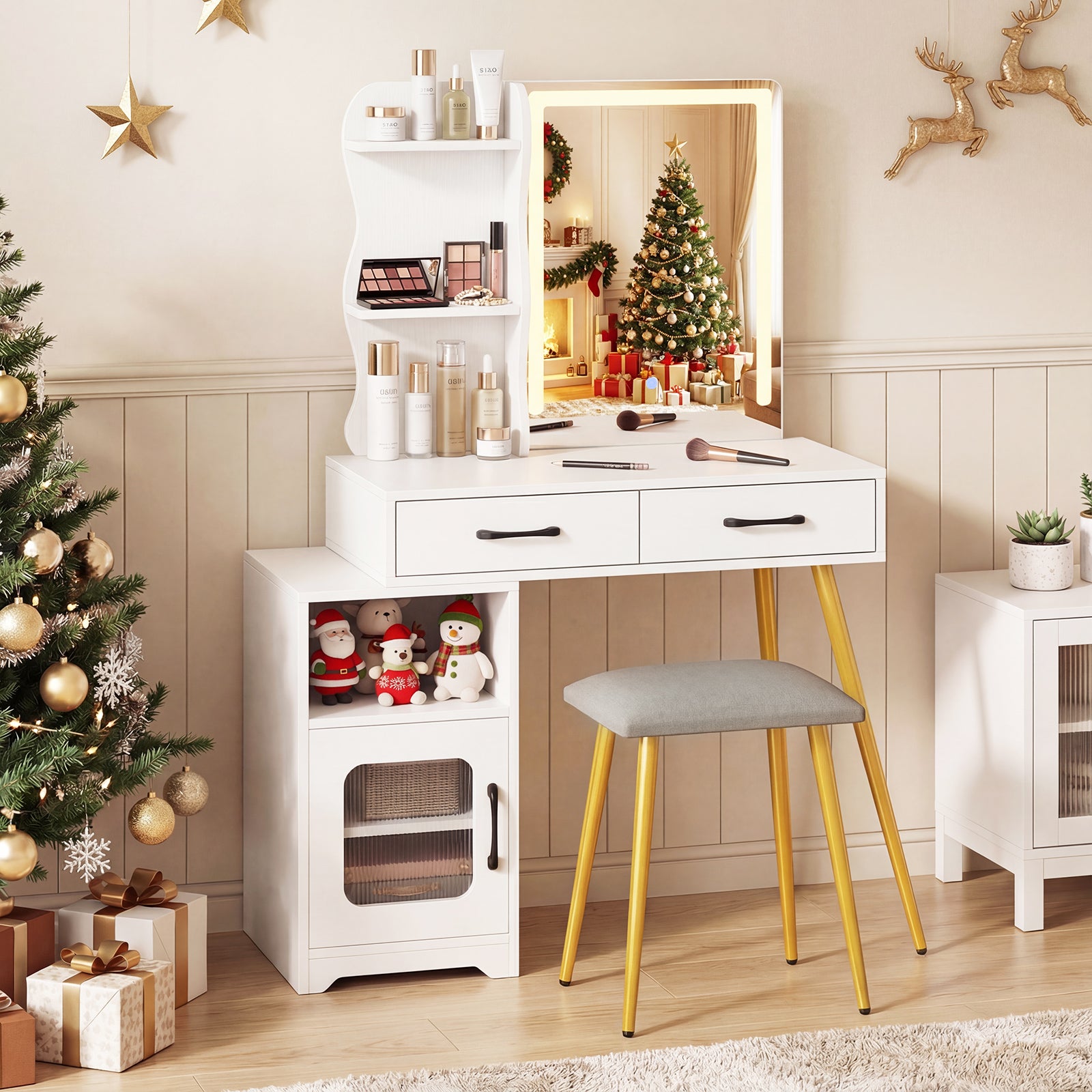 Makeup Dressing Table with Reversible Cabinet and 3 Light Colors-White