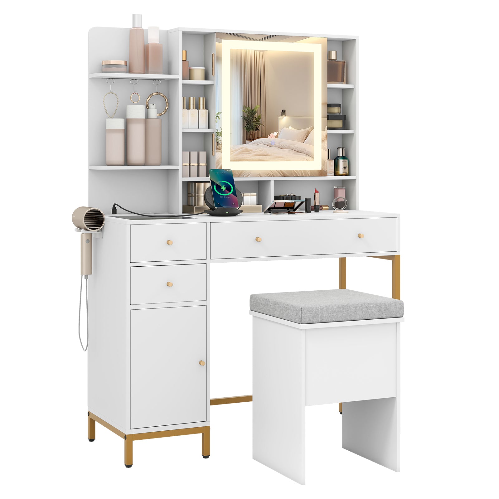 Makeup Vanity Desk with Lighted Mirror and LED Lights-White