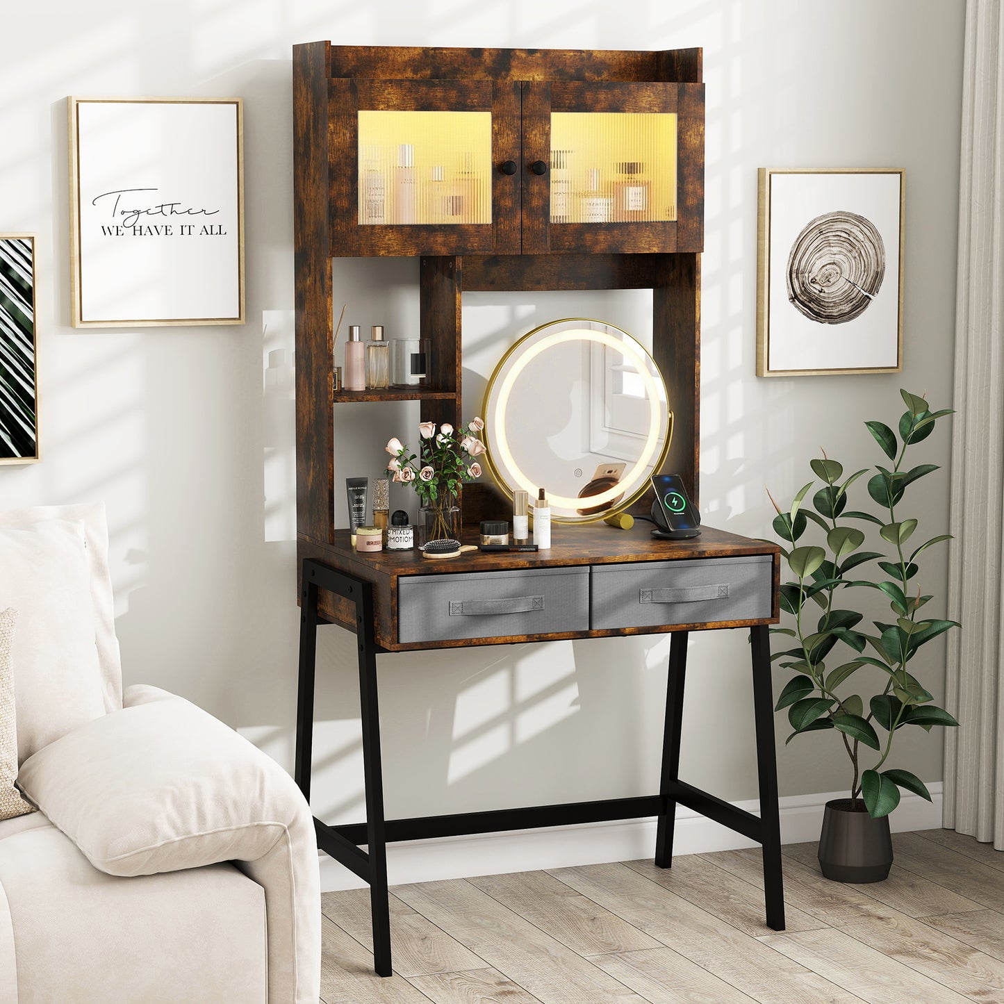 Makeup Vanity Desk with Rotating Mirror and Adjustable Light-Rustic Brown