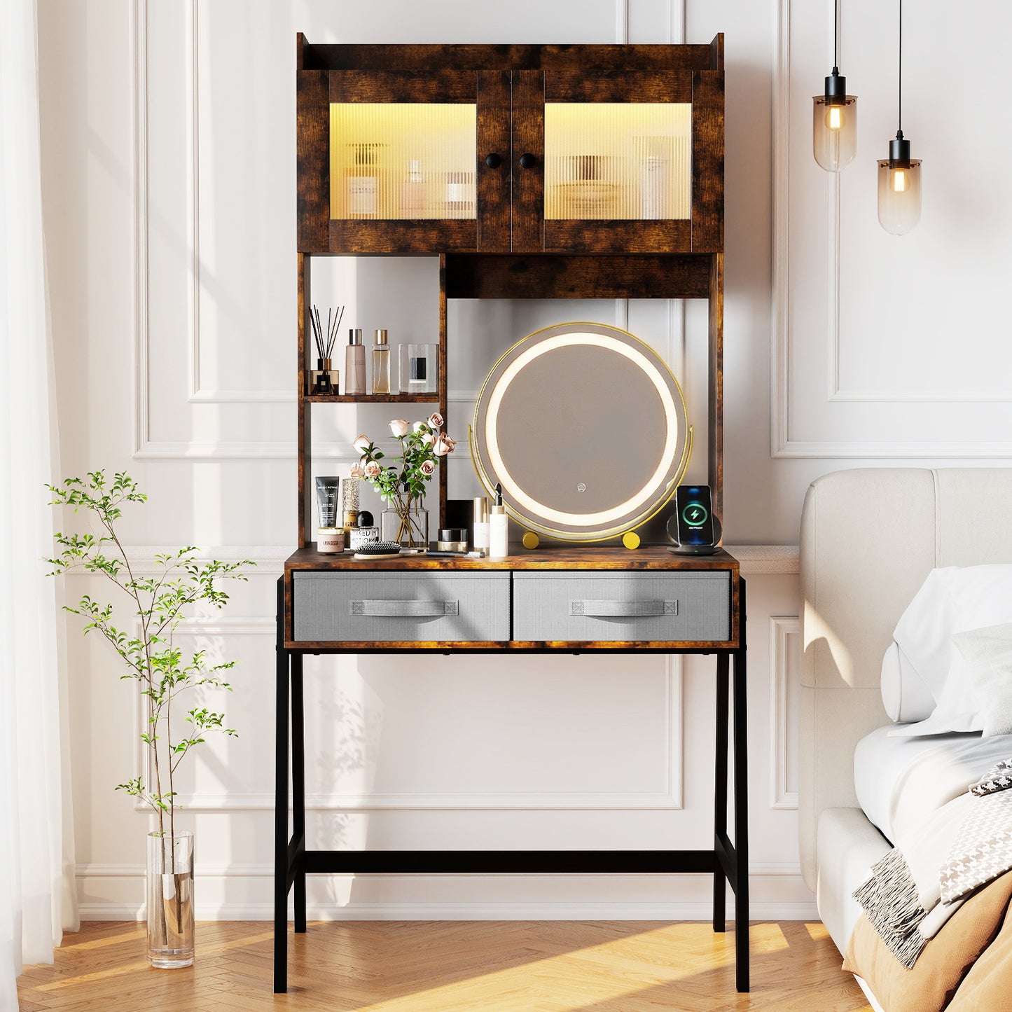 Makeup Vanity Desk with Rotating Mirror and Adjustable Light-Rustic Brown