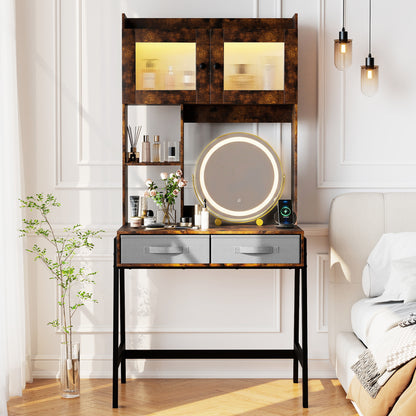 Makeup Vanity Desk with Rotating Mirror and Adjustable Light-Rustic Brown