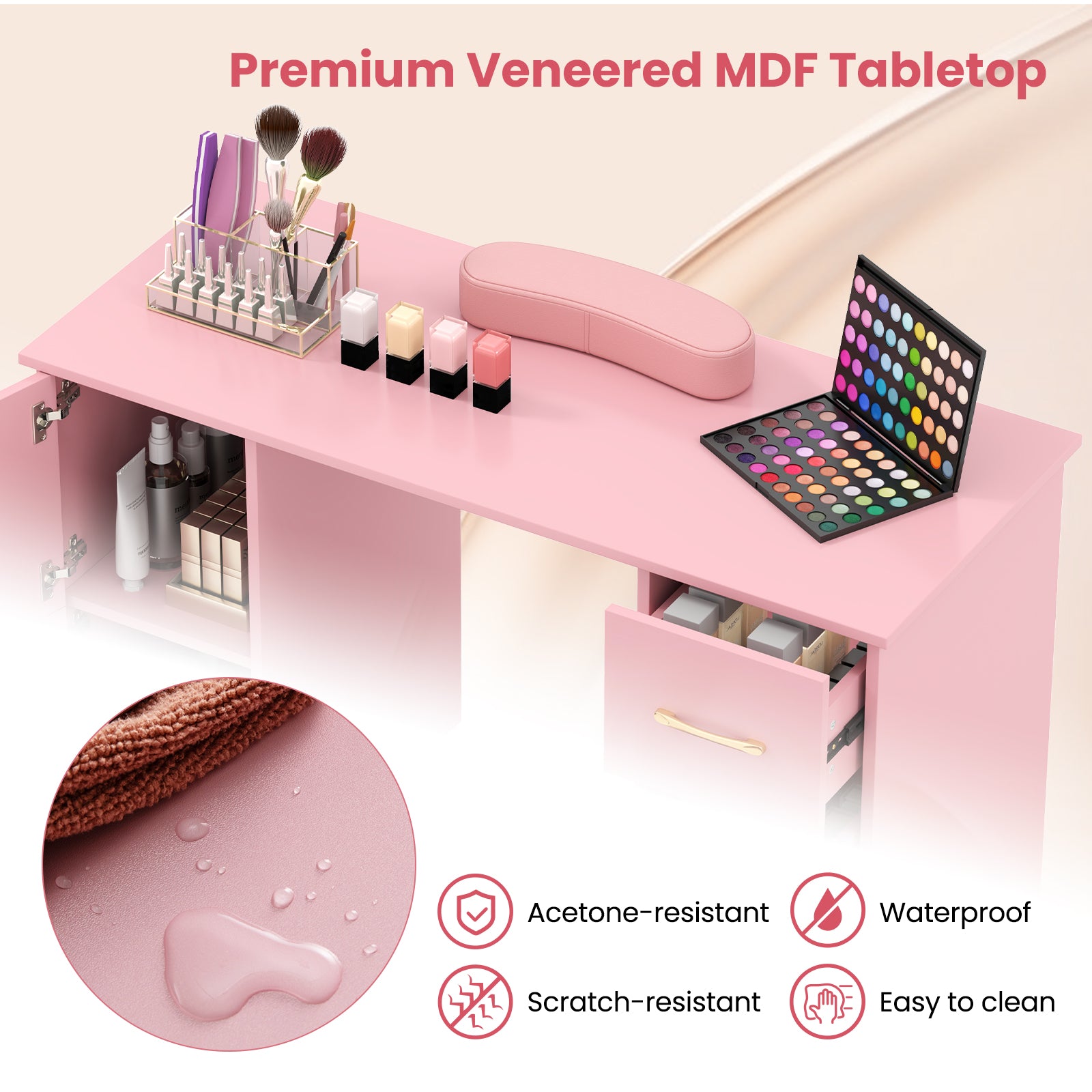 Manicure Table with 8 Metal Legs and Wrist Pad-Pink