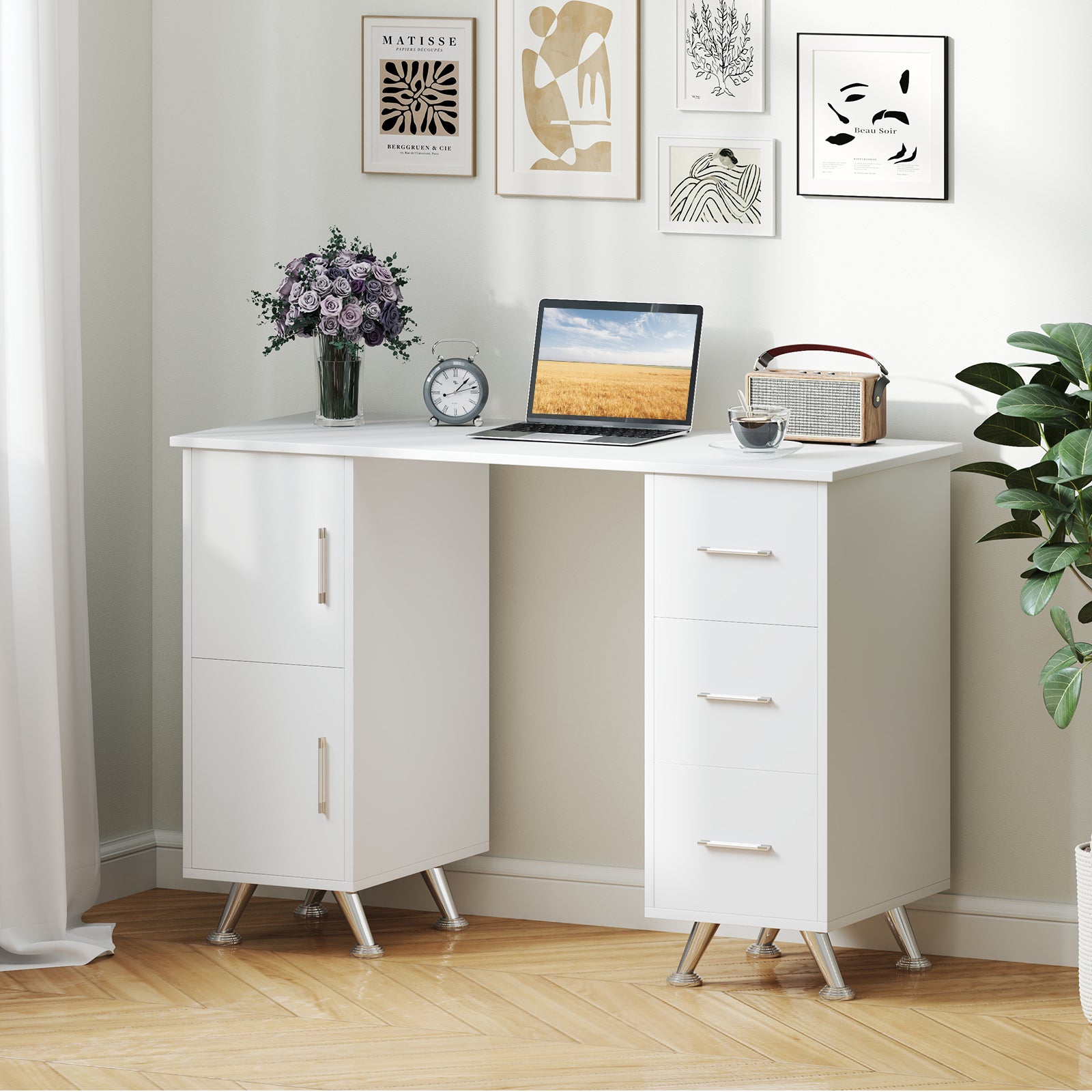Manicure Table with 8 Metal Legs and Wrist Pad-White