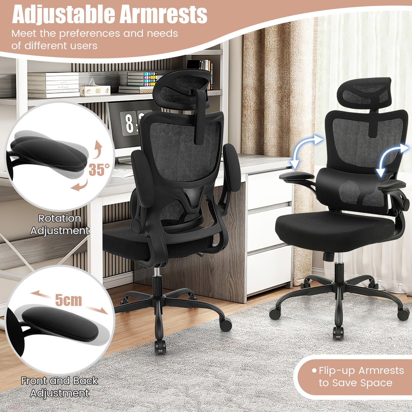 Mesh Office Chair with Adaptive Lumbar Support and Adjustable Headrest-Black