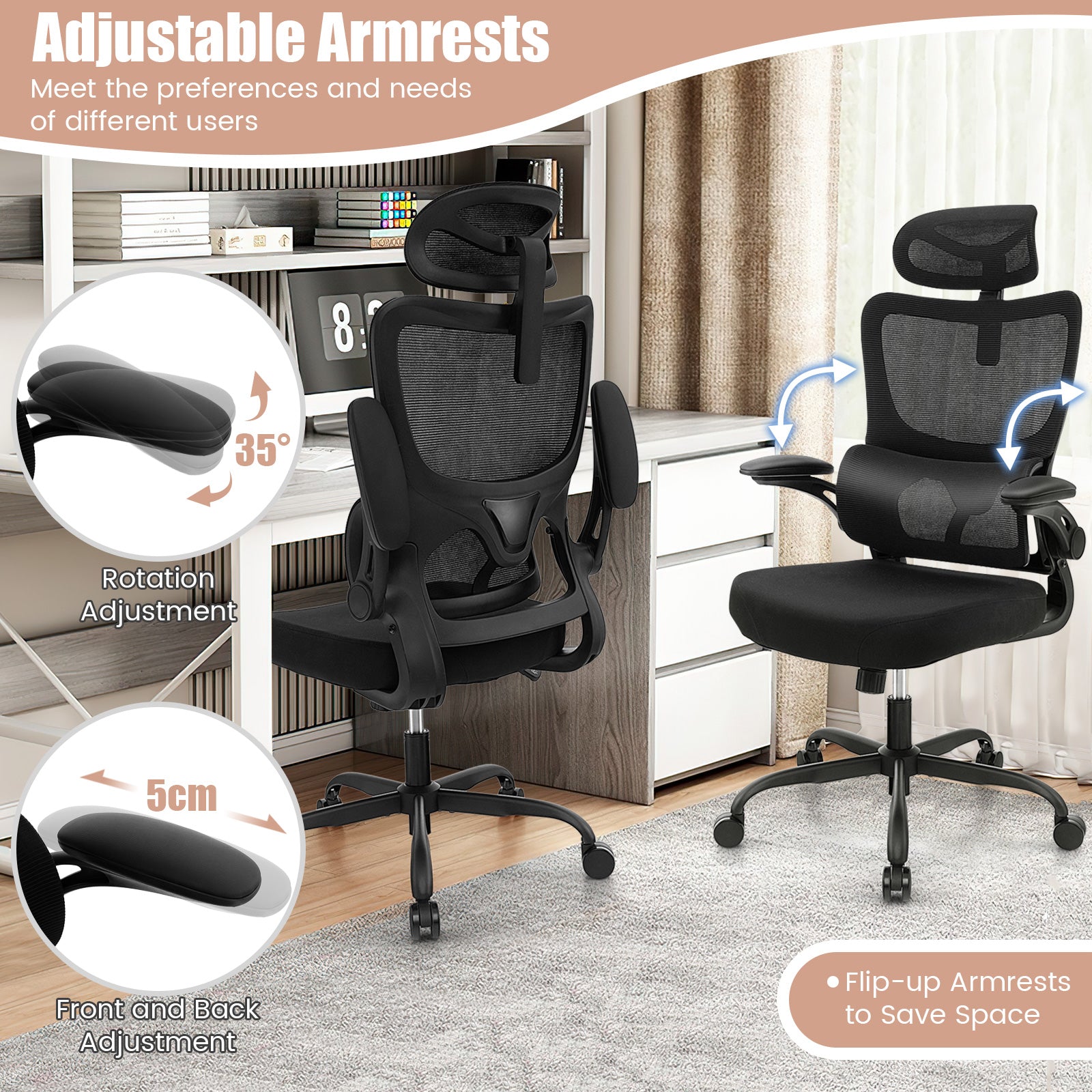Mesh Office Chair with Adaptive Lumbar Support and Adjustable Headrest-Black