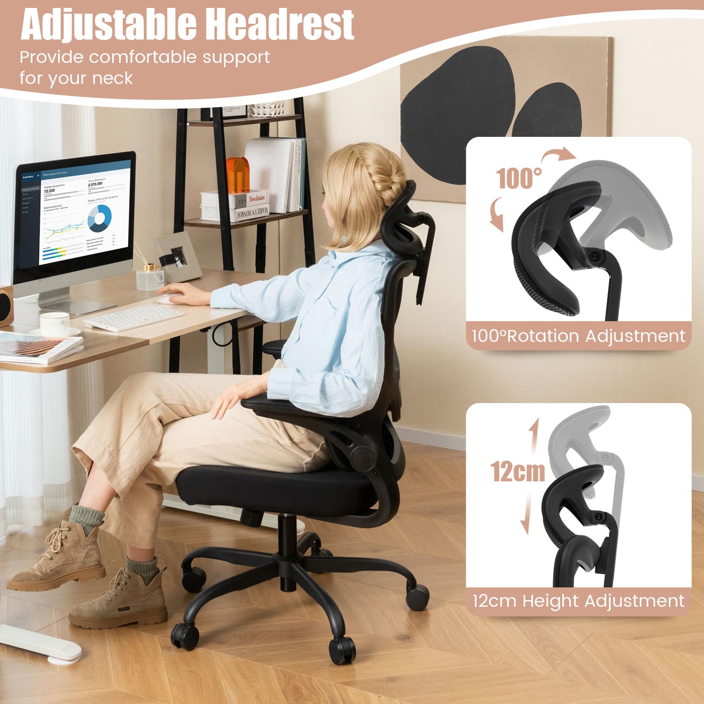 Mesh Office Chair with Adaptive Lumbar Support and Adjustable Headrest-Black