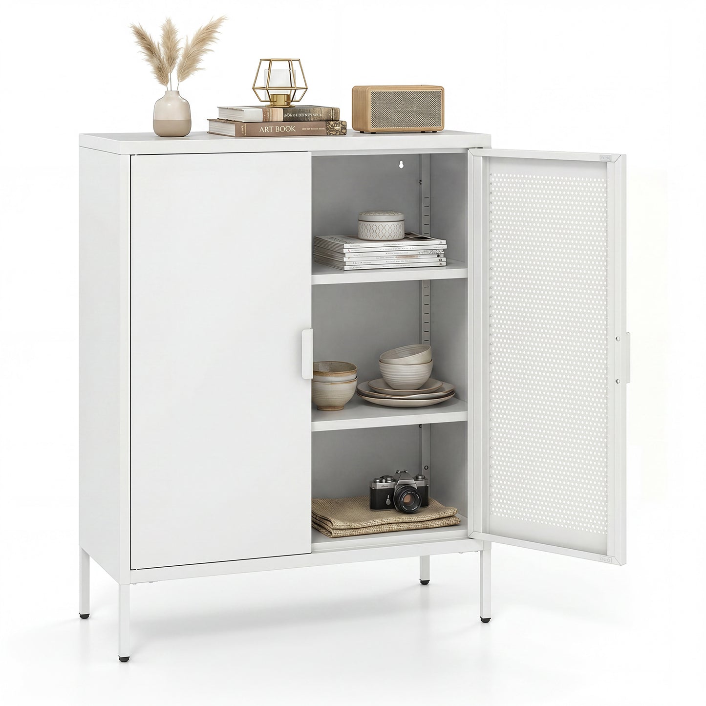 Metal Buffet Sideboard with 2 Doors and Adjustable Shelves-White