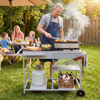 Metal Rolling Food Prep Cart with Mesh Side Panel and Topping Station for Backyard-Black