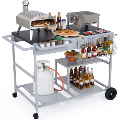 Metal Rolling Food Prep Cart with Mesh Side Panel and Topping Station for Backyard-Black