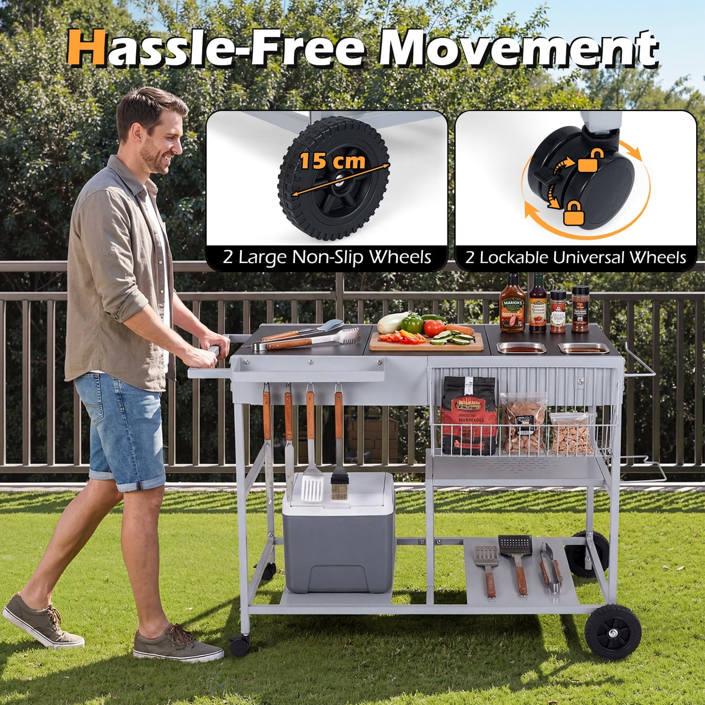 Metal Rolling Food Prep Cart with Mesh Side Panel and Topping Station for Backyard-Black
