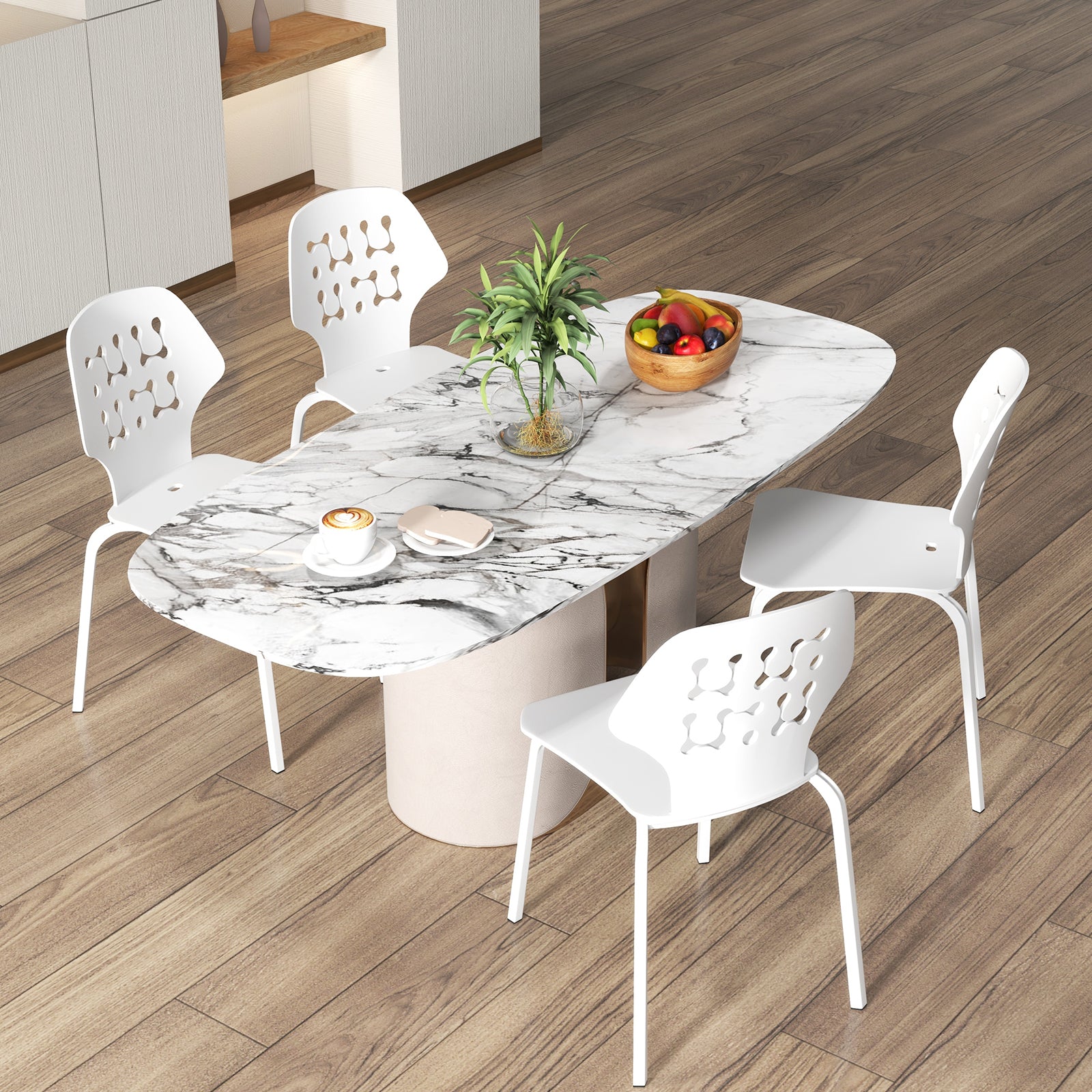 Metal Dining Chair Set of 4 with Hollowed Backrest and Metal Legs-White