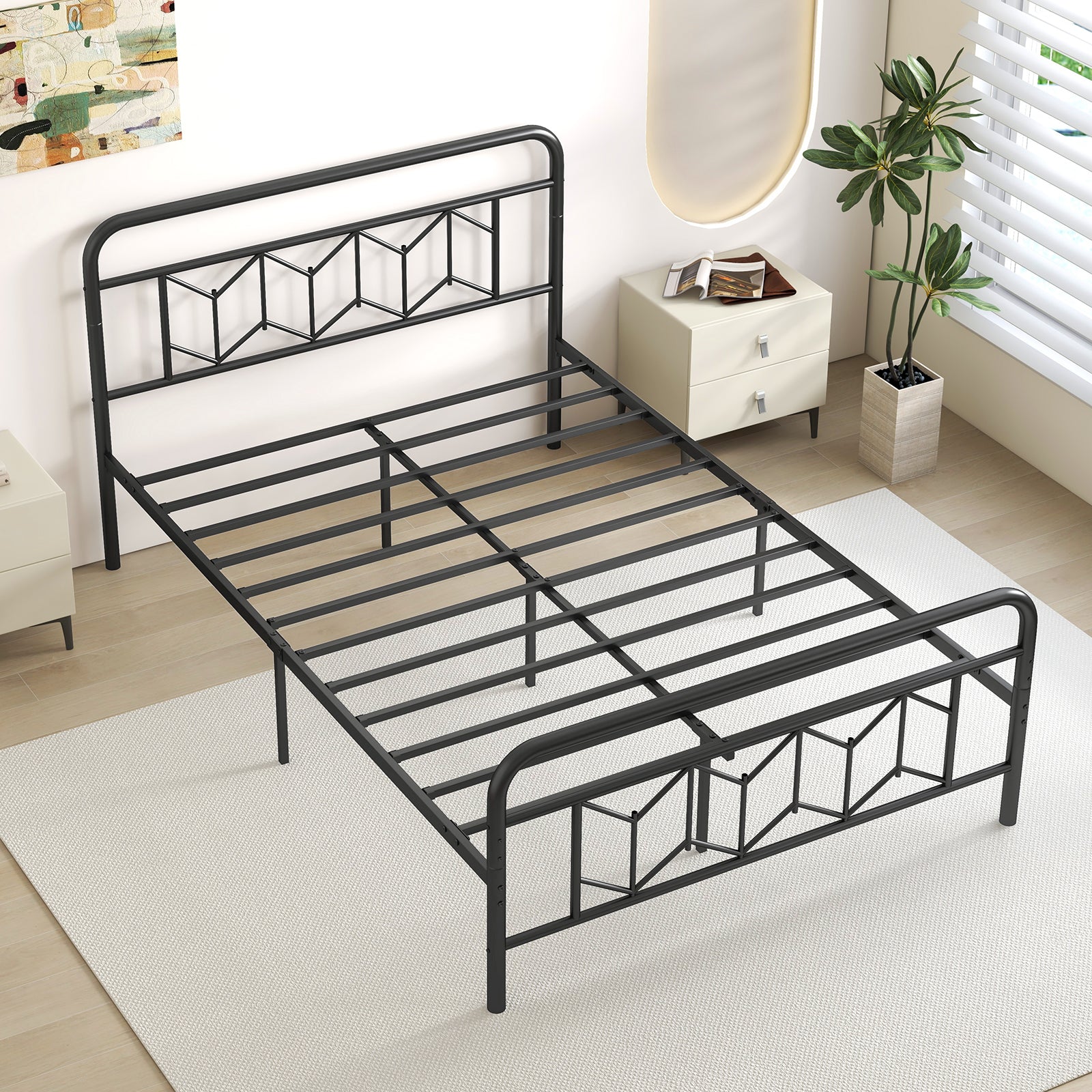 Single/Double/King Size Metal Bed Frame with High Headboard and Mute Bar-Black-Full Size