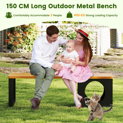 150 CM 3-Person Long Outdoor Metal Bench with Cat House and Scratching Pad-Coffee