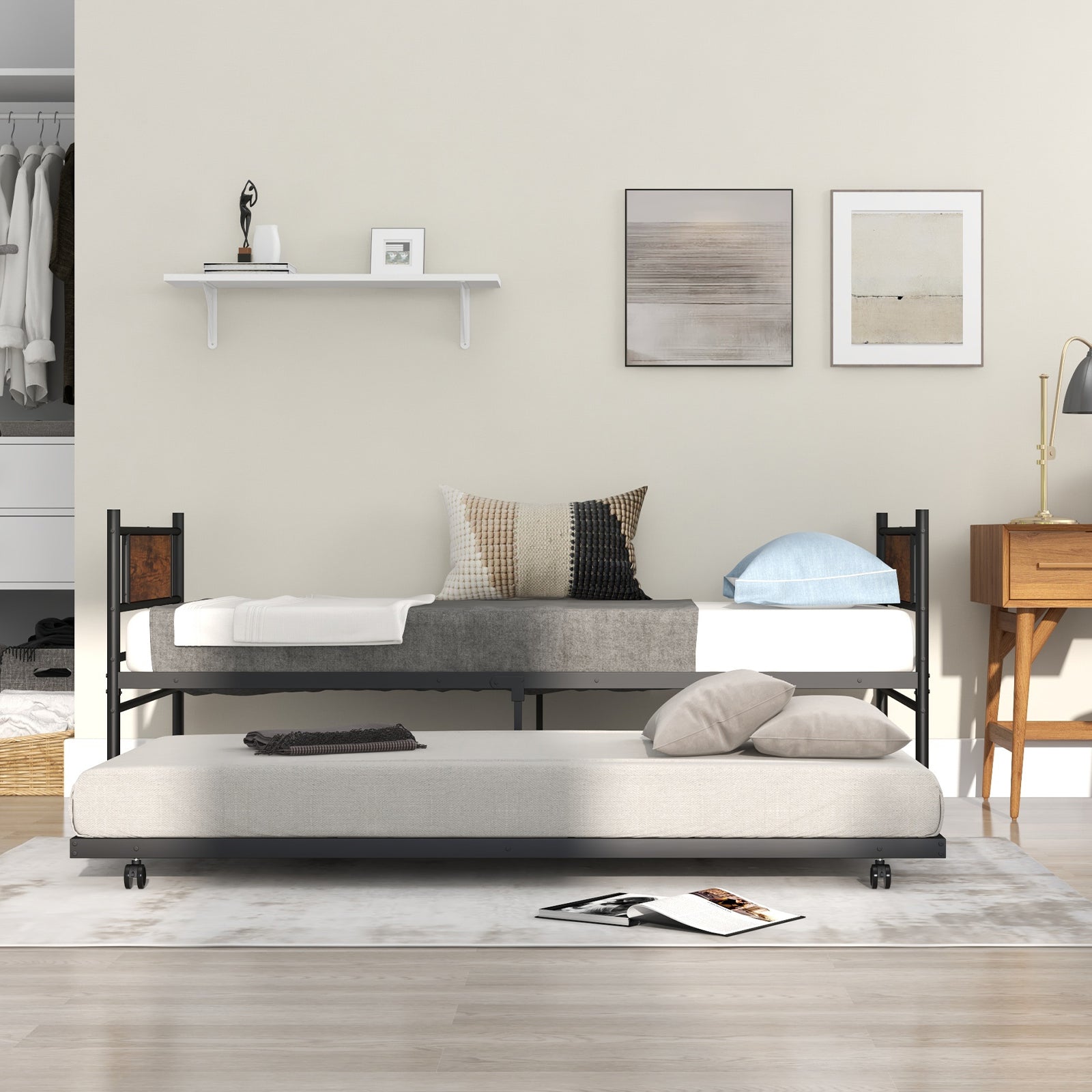 Metal Daybed with Pull-out Trundle Sofa Guest Bed with Wheels-Single Size