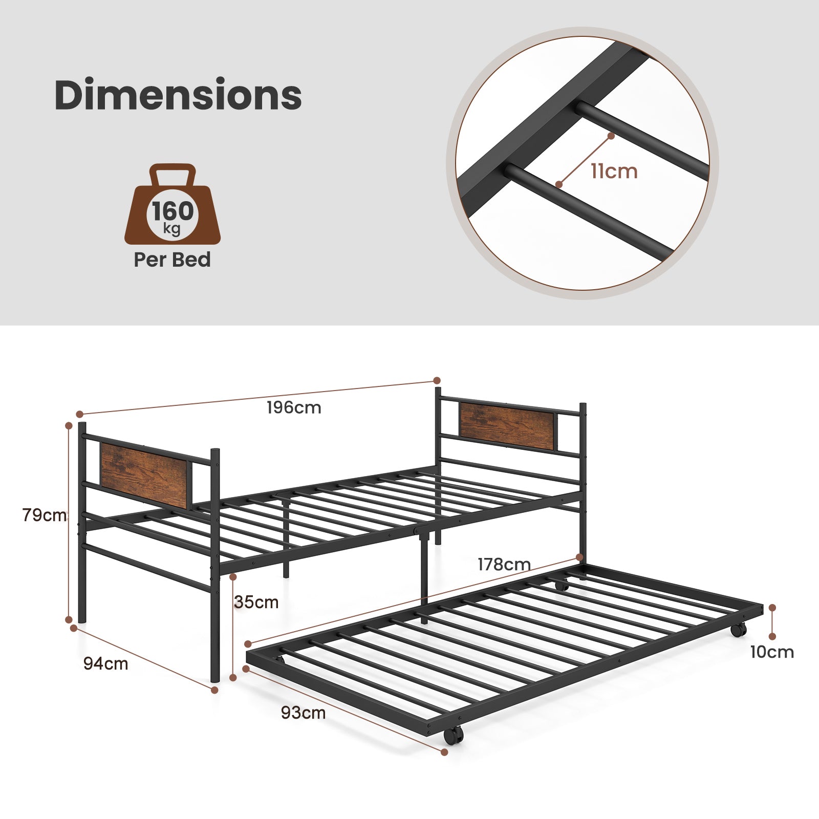 Metal Daybed with Pull-out Trundle Sofa Guest Bed with Wheels-Single Size