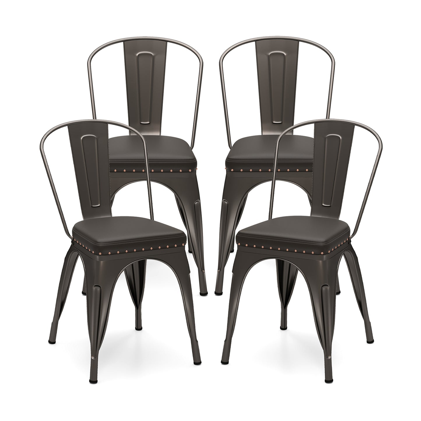 Metal Dining Chair Set of 4 with Removable Backs and PU Leather Cushioned Seat-Brown