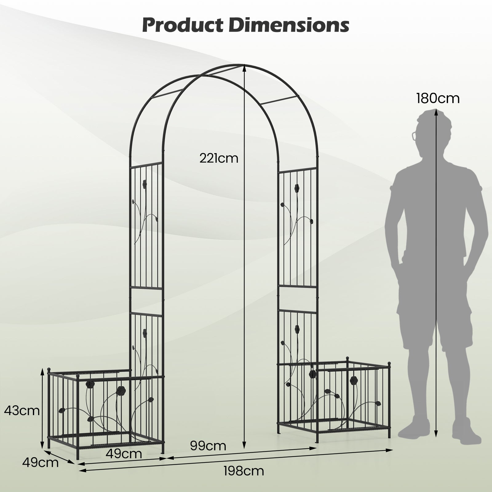 Metal Garden Arbor with Planter Boxes and Ground Stakes for Climbing Plants