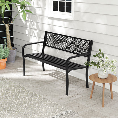 Metal Outdoor Garden Patio Bench with Geometric Lattice Backrest-Black