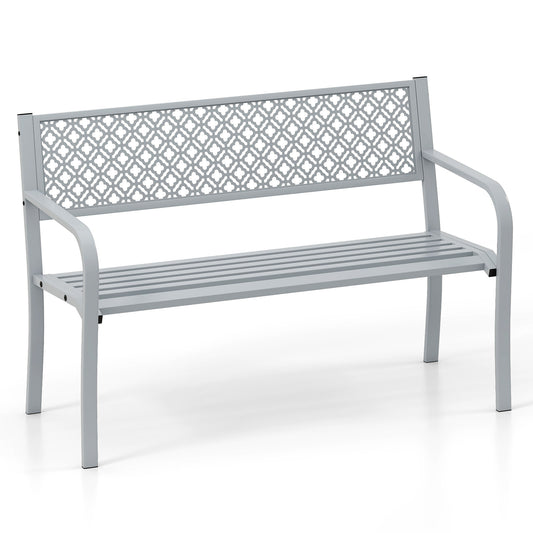 Metal Outdoor Garden Patio Bench with Geometric Lattice Backrest-Grey