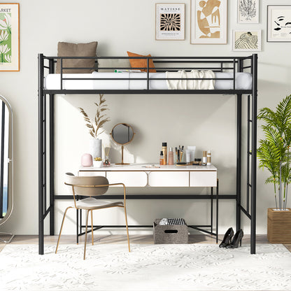 Metal Space-saving Loft Bed Frame with Full-length Safety Guardrail-Black
