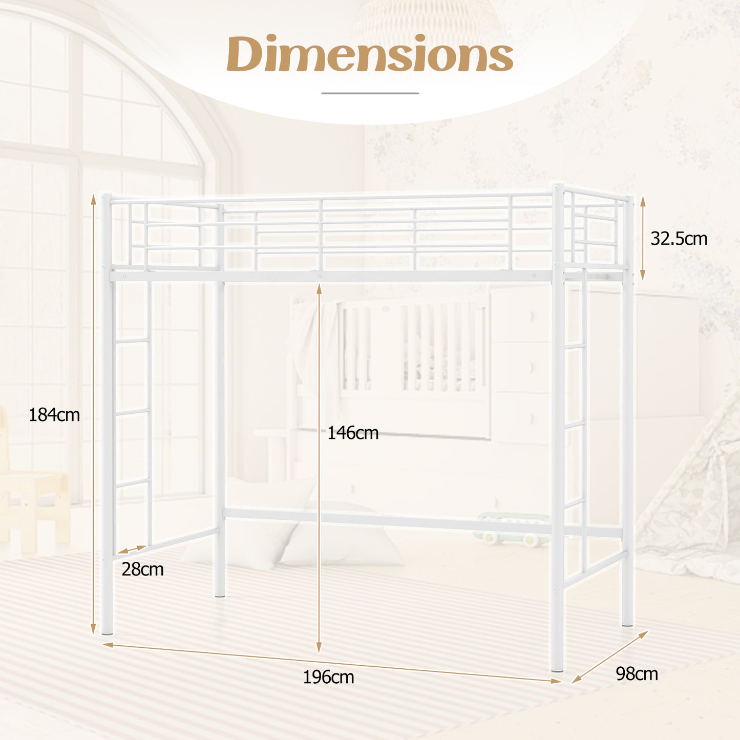 Metal Space-saving Loft Bed Frame with Full-length Safety Guardrail-White