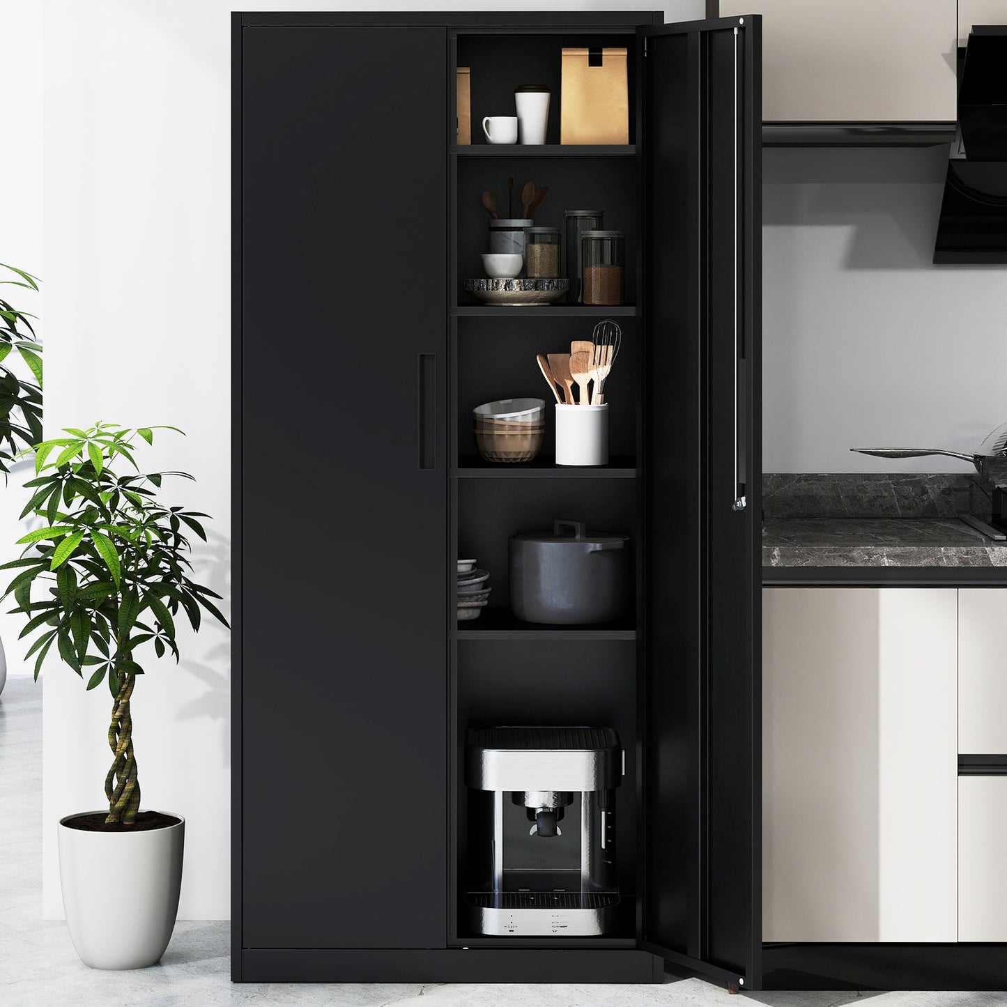 Metal Storage Cabinet with 2 Lockable Doors and 4 Adjustable Shelves-M-Black