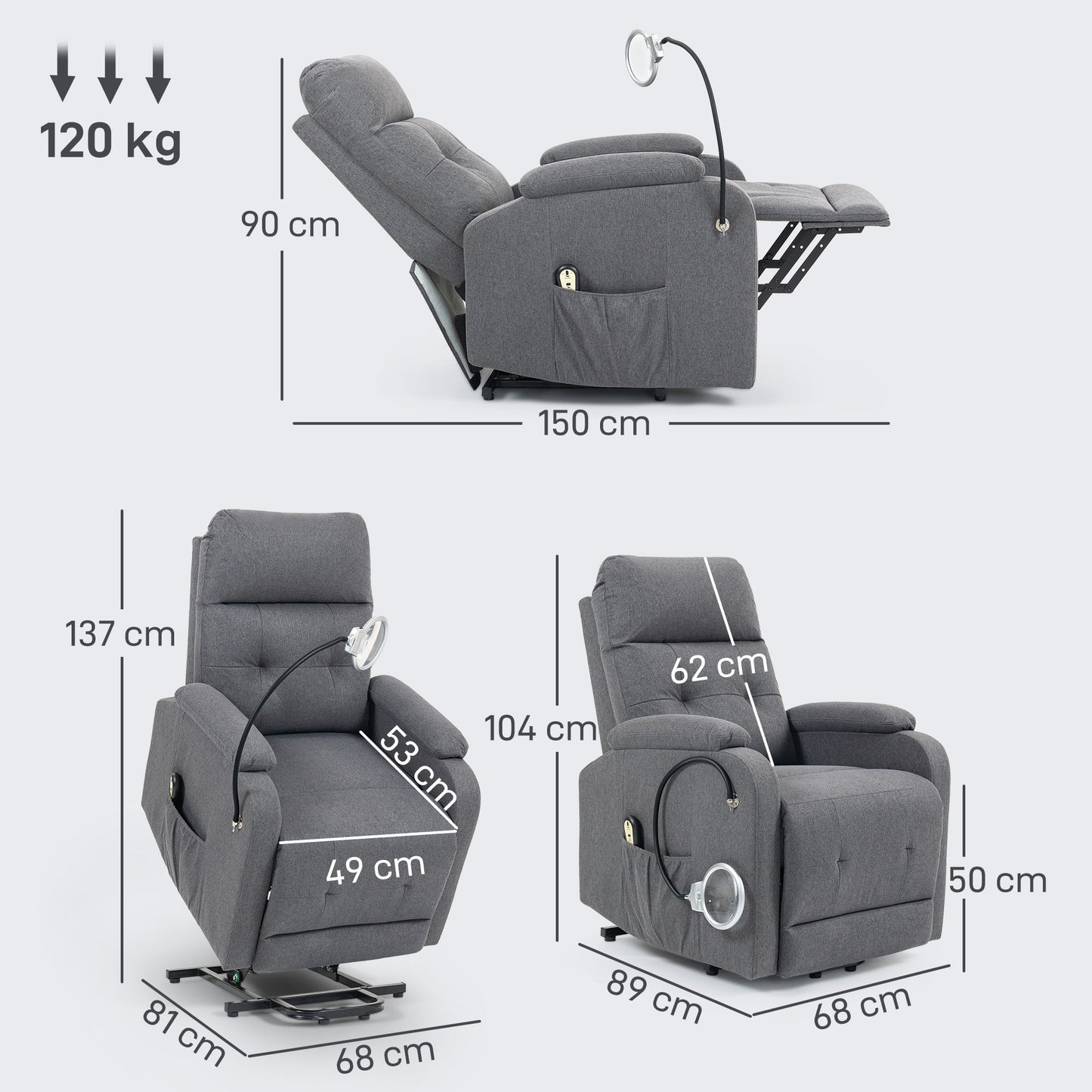 HOMCOM Electric Rise/Recline Armchair, with Reading Light - Grey