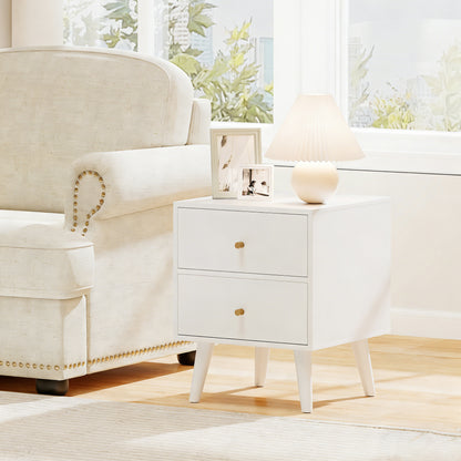 Mid Century Modern Bedside Table with Storage and Raised Support Legs-White
