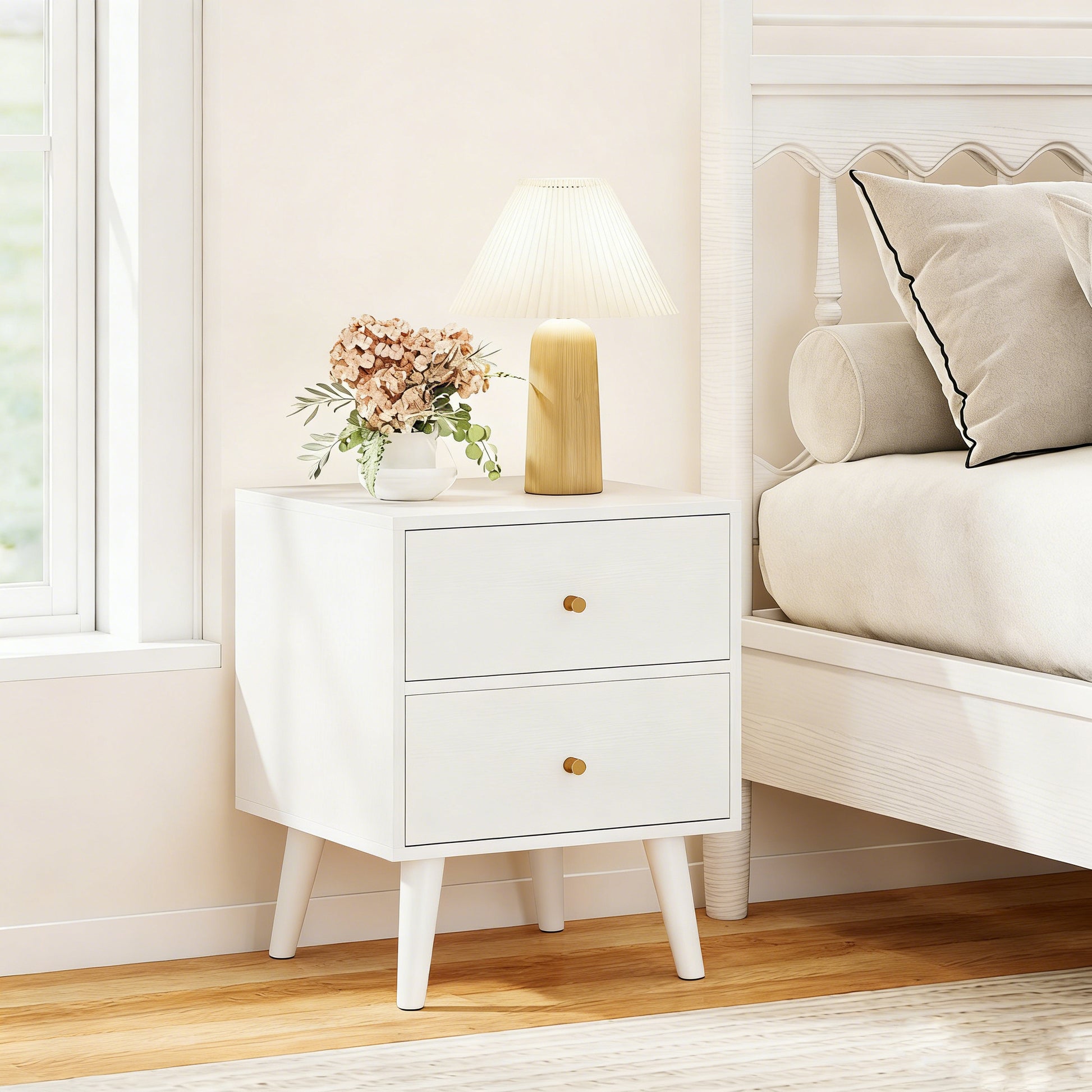 Mid Century Modern Bedside Table with Storage and Raised Support Legs-White